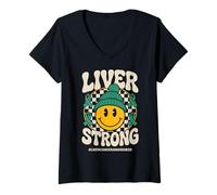 Donna Liver Strong Groovy Green Ribbon Liver Cancer Awareness Maglietta con Collo a V