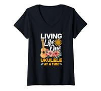 Donna Living Life - Ukulele One At A Time Floral Tropical Sunset Maglietta con Collo a V