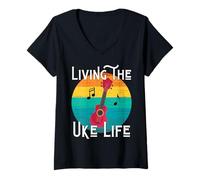 Donna Living The Uke Life - Ukulele Vintage per Amanti della Musica Maglietta con Collo a V