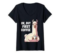 Donna Llama alpaca stanco amante del caffè ok ma il primo caffè divertente Maglietta con Collo a V