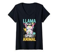 Donna Llama Is My Spirit Animal Colorful Artistic Painted Graphic Maglietta con Collo a V