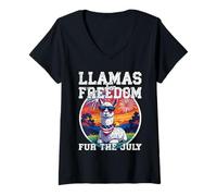 Donna LLAMAS FOR FREEDOM FUR IL LUGLIO divertente lama patriottico quarto Maglietta con Collo a V