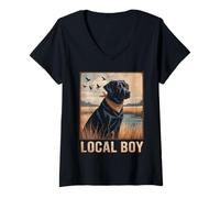 Donna Local Boy Black Lab Hunting Dog Marsh Scene Sunset Vintage Maglietta con Collo a V