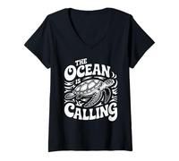 Donna L'oceano Chiama Design Tartaruga per Gli Amanti della Spiaggia Maglietta con Collo a V
