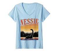 Donna Loch Ness Mostro Nessie Retro Tramonto Lago Maglietta con Collo a V