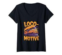 Donna Loco-Motive Divertente Halloween Treno Arte Maglietta con Collo a V