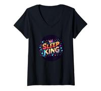 Donna Logo Sleep King per Gli Amanti dei sonnellini Maglietta con Collo a V