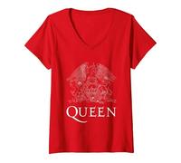 Donna Logo Ufficiale Queen Classic Crest Bianco Maglietta con Collo a V, Rosso, XL