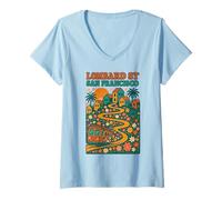 Donna Lombard Street San Francisco Funivia Carino Floreale Vintage Maglietta con Collo a V