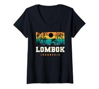 Donna Lombok Indonesia Retro Tramonto Palm Beach Isola Tropicale Maglietta con Collo a V