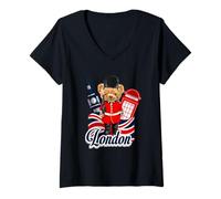 Donna London Bear Guard Big Ben Red Phone Booth Union Jack UK Maglietta con Collo a V