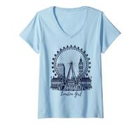 Donna Londra Ragazza London Eye Londra Inghilterra Regno Unito Icone Viaggio Donne Maglietta con Collo a V