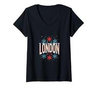 Donna Londra Snowy Christmas UK Flag Style Maglietta con Collo a V