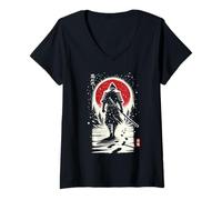 Donna Lone Samurai Walking - Anime neo-giapponese Samurai Noir Art Maglietta con Collo a V