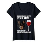 Donna Long Haired Chihuahua Wine Lover Gift for Her Maglietta con Collo a V