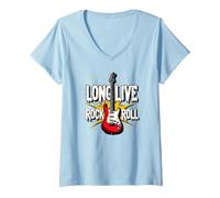 Donna Long Live Rock & Roll - Chitarra iconica per Gli Amanti della Musica Maglietta con Collo a V, Celeste, XXL