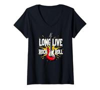 Donna Long Live Rock & Roll - Chitarra iconica per Gli Amanti della Musica Maglietta con Collo a V, Nero, S