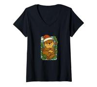 Donna Lontra Che Indossa Un Cappello di Babbo Natale Inverno Vacanze Fauna Selvatica Maglietta con Collo a V