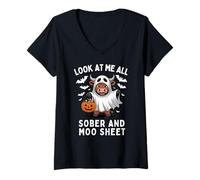 Donna Look At Me all Sober And Moo Foglio Divertente Halloween Mucca Maglietta con Collo a V