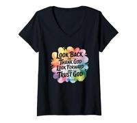 Donna Look Back And Thank God Look Forward And Trust God Maglietta con Collo a V