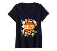 Donna Looney Tunes Group Circle Logo Maglietta con Collo a V