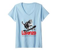 Donna LORENZO - Nome ragazzo simpatico con gatto e skateboard Maglietta con Collo a V