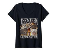 Donna Loro stanno provocando caos - Funny Cat Meme Bootleg Graphic Maglietta con Collo a V