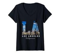 Donna Los-Angeles California LA Skyline Pride-Nero Bianco Maglietta con Collo a V