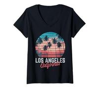 Donna Los Angeles California Trees Retro Summer Vacation Uomini Donne Maglietta con Collo a V