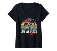 Donna Los Angeles California USA Bandiera americana Palme Maglietta con Collo a V