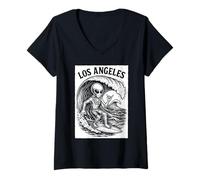Donna Los Angeles Surfing Divertente Alien Surfer UFO Beach Surf Maglietta con Collo a V