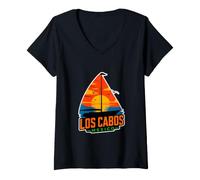 Donna Los Cabos, Messico, Tramonto, Oceano, Paesaggio, Dentro, Uno, Barca a Vela Maglietta con Collo a V