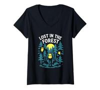 Donna Lost in The Forest Woods Animali Escursionismo Gufo Maglietta con Collo a V