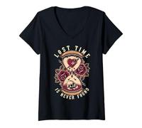Donna Lost Time, Tradizionale, Old School Clessidra Tattoo Design Maglietta con Collo a V