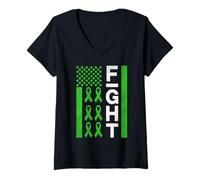 Donna Lotta Bandiera Linfoma Cancer Awareness Nastro Verde Maglietta con Collo a V