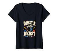 Donna Lotta Come Una Bestia Umorismo Divertente Wrestling Maglietta con Collo a V