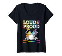 Donna Loud Proud Arcobaleno Batteria per batteristi Gay LGBTQ + Maglietta con Collo a V