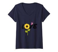 Donna Love Girasole Farfalla - Farfalle Girasoli Maglietta con Collo a V
