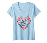 Donna Love in Bloom - Cuore Floreale con Tipografia Maglietta con Collo a V
