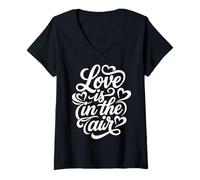 Donna Love Is in The Air Romantico Script Cuori Maglietta con Collo a V