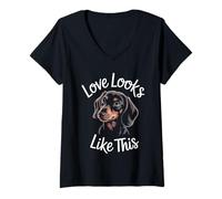 Donna Love Looks Like This Bassotto Amante dei Cani Uomini Donne Bambini Maglietta con Collo a V