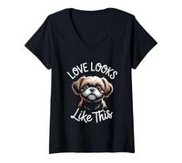 Donna Love Looks Like This Shih Tzu Amante dei Cani Uomini Donne Bambini Maglietta con Collo a V
