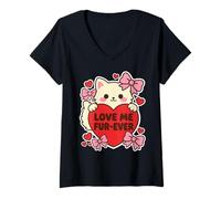 Donna Love Me Fur Ever Cute Kawaii, Gioco di Parole a Forma di Gatto, con Grafica a Forma di Cuore per San Valentino Maglietta con Collo a V