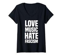 Donna Love Music Hate Fascism Amore Musica Odio Fascismo Maglietta con Collo a V