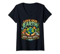 Donna Love Our Earth Riduci Riutilizzo Proteggi Carino Eco Maglietta con Collo a V