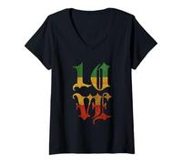 Donna Love Rasta Reggae Colori Tattoo Style Testo Design Maglietta con Collo a V