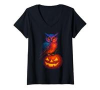 Donna Low Poly Jack o Lanterna Gufo Strega Geometrica Halloween Maglietta con Collo a V