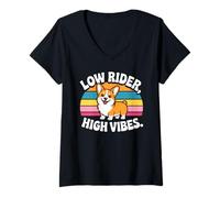 Donna Low Rider High Vibes Divertente Carino Kawaii Corgi Amante retrò Maglietta con Collo a V