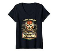 Donna Lucha Libre Luchador La Vida Es Mejor con Mascara Maglietta con Collo a V