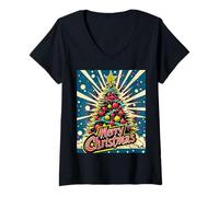 Donna Luci Albero di Natale Palle di Natale Pop Art Xmas Maglietta con Collo a V
